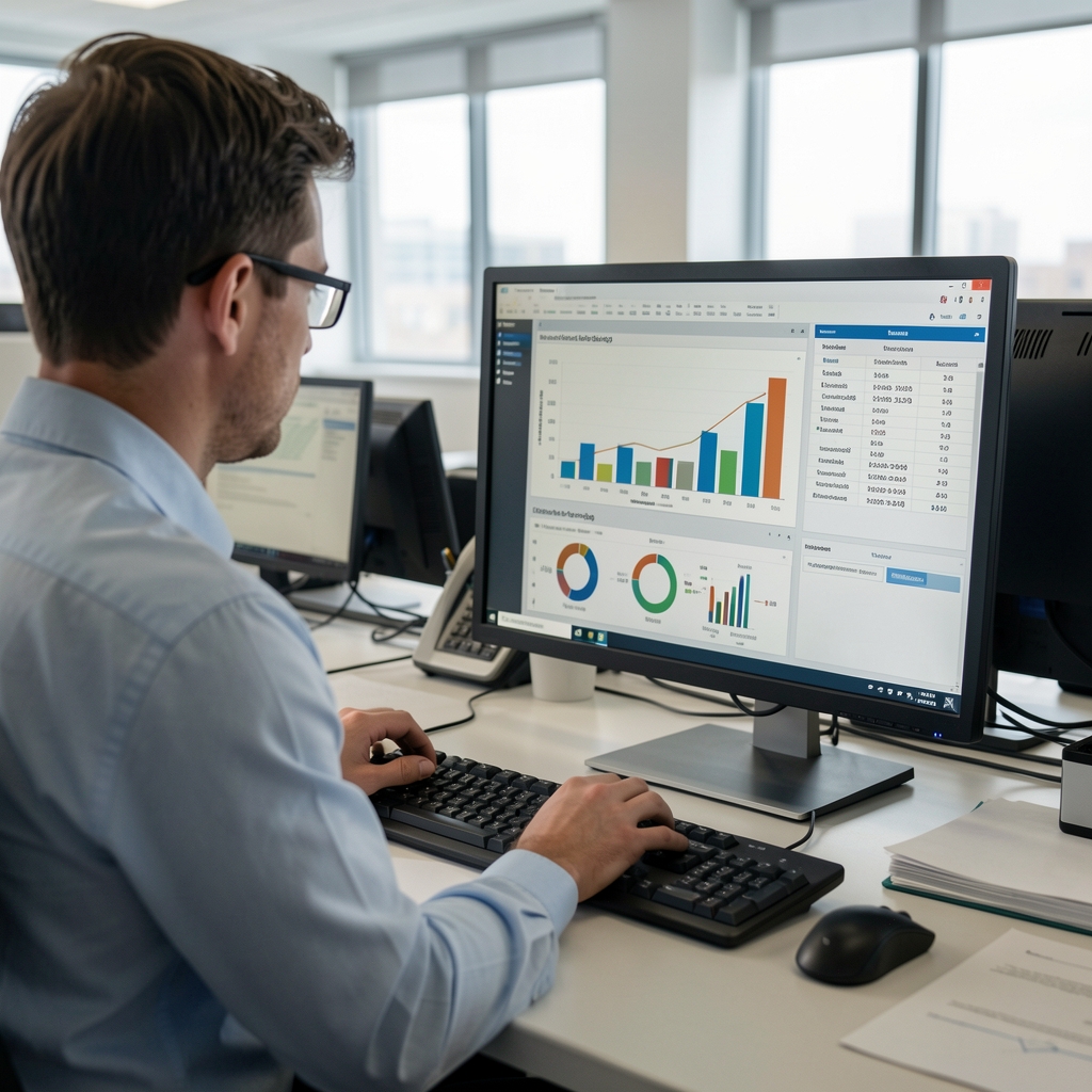 Istraživač pregledava statističke grafove i tablice na monitoru računala u analitičkom uredu
