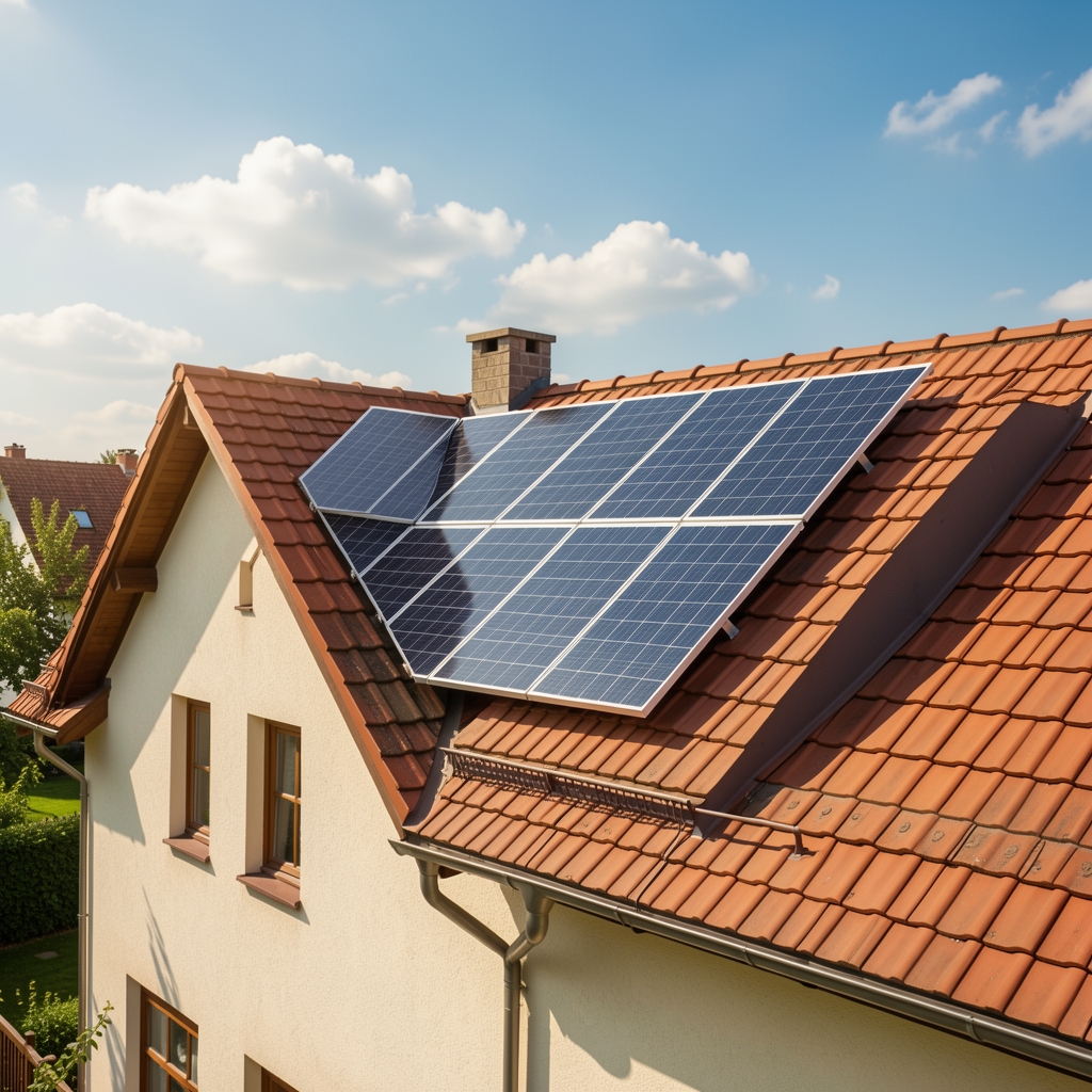 Solarni paneli postavljeni na krovu obiteljske kuće u Hrvatskoj u pozadini sunčanog neba