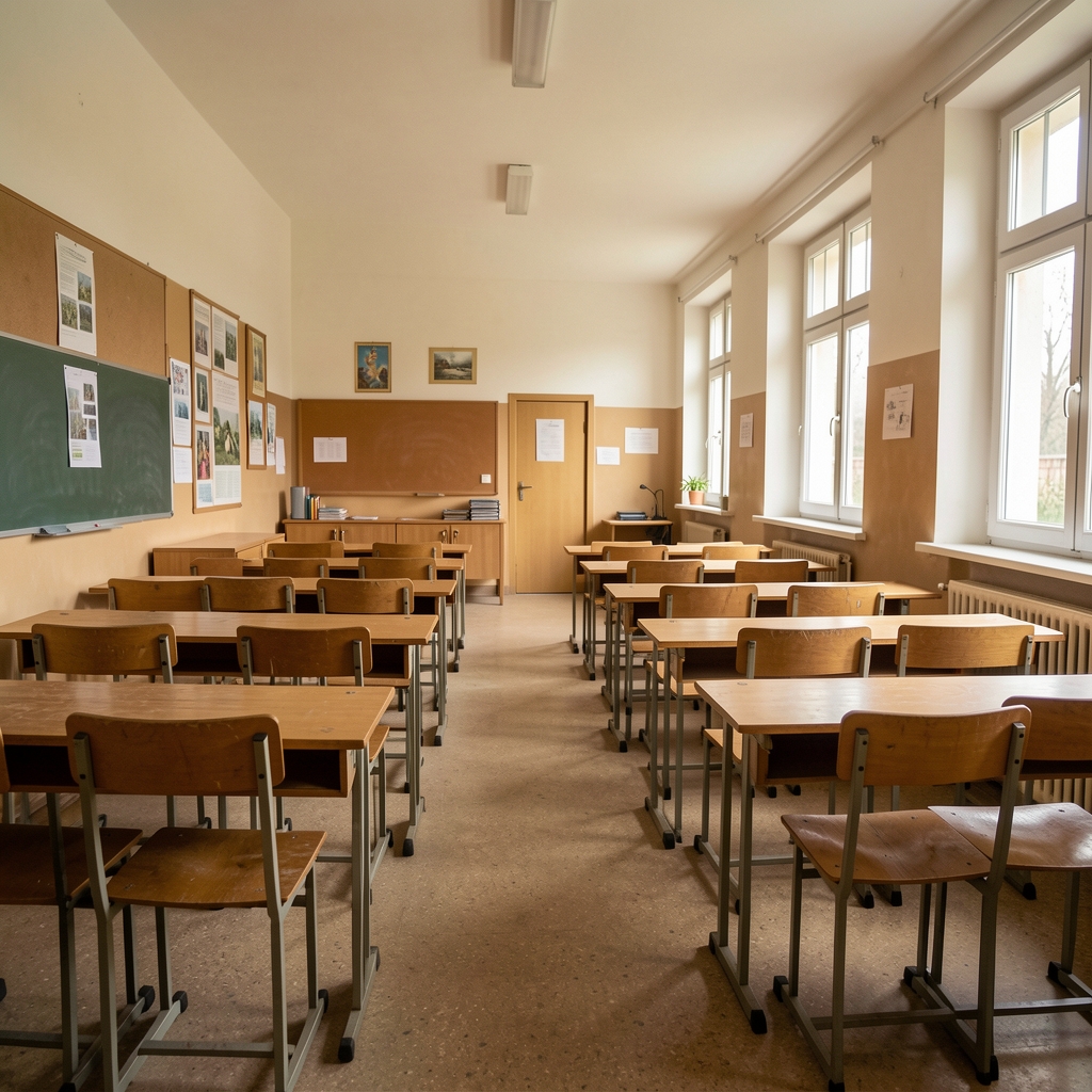 Poluprazna učionica u osnovnoj školi u ruralnom području Slavonije s praznim klupama u prvom planu