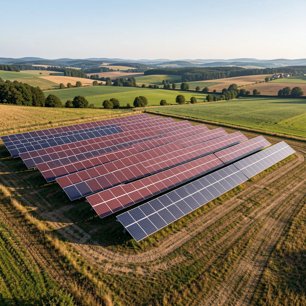 Redovi solarnih panela na fotonaponskoj elektrani u ravničarskom krajoliku istočne Hrvatske