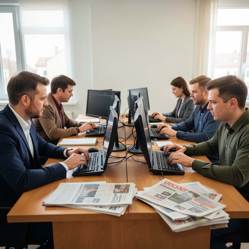 Redakcija informativnog portala u Osijeku s novinarima koji rade za računalima okruženi bilješkama i novinama