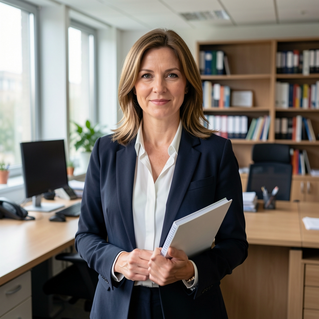 Portret novinarke, žene u tridesetim godinama s bilježnicom u ruci u redakcijskom prostoru